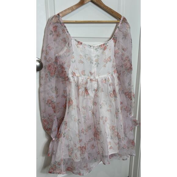 Floral Chiffon Mini Dress Pink White Puff Sleeve Babydoll Cottagecore M - Picture 11 of 16